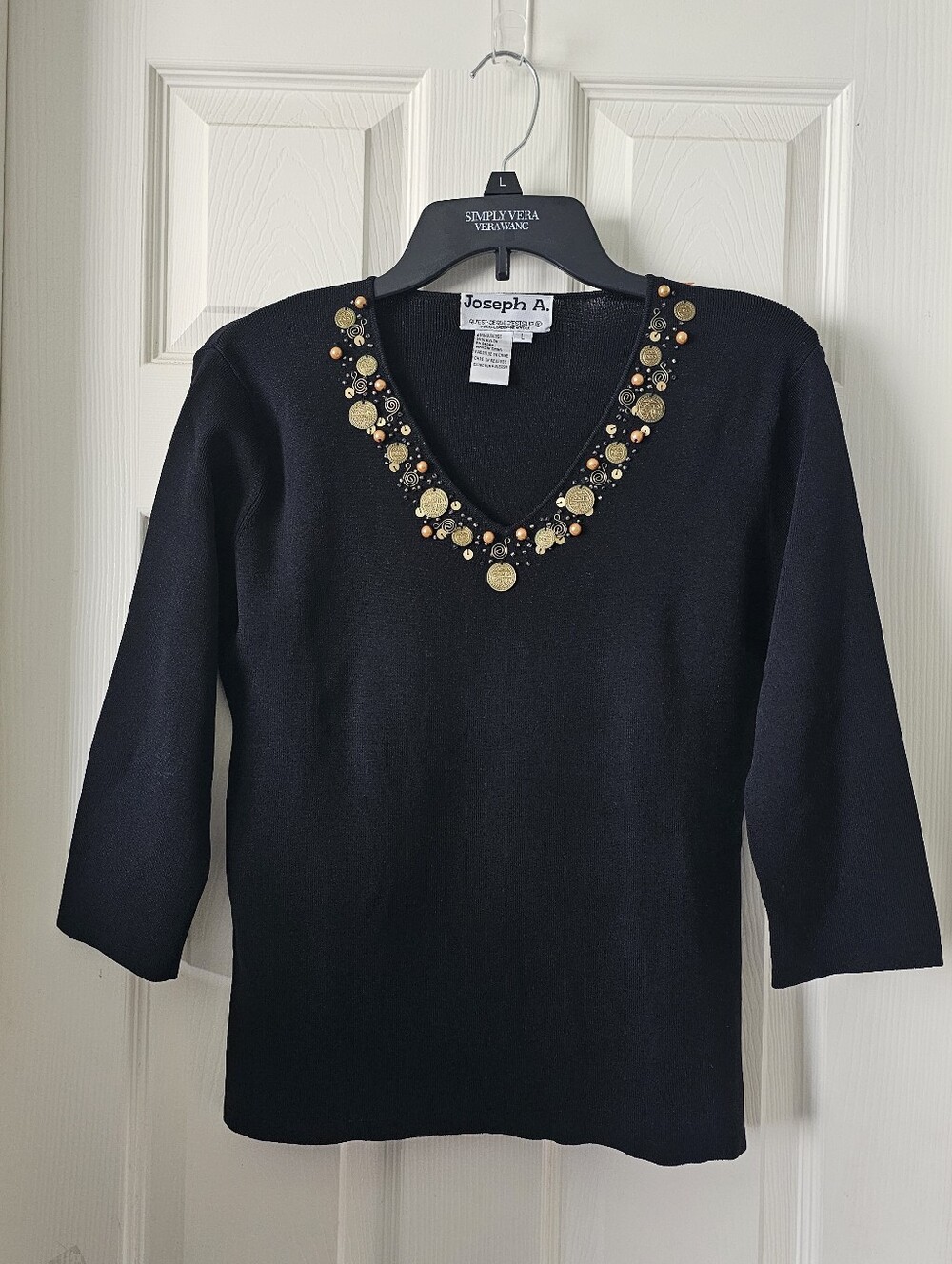 VINTAGE Joseph A Shirt Black with Gold Embellishment 3/4 Sleeve Top SIZE LARGE